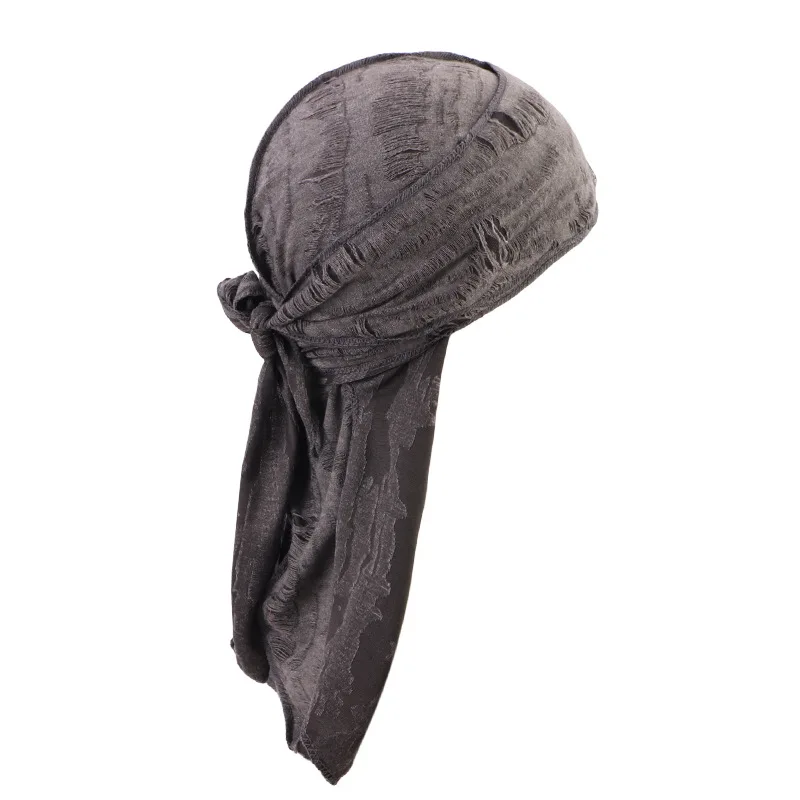 Men's Distressed Street Pirate Style Durag Head Wrap,Breathable Casual Streetwear Bandana with Double Long Tail Strap Pirate Hat image 3