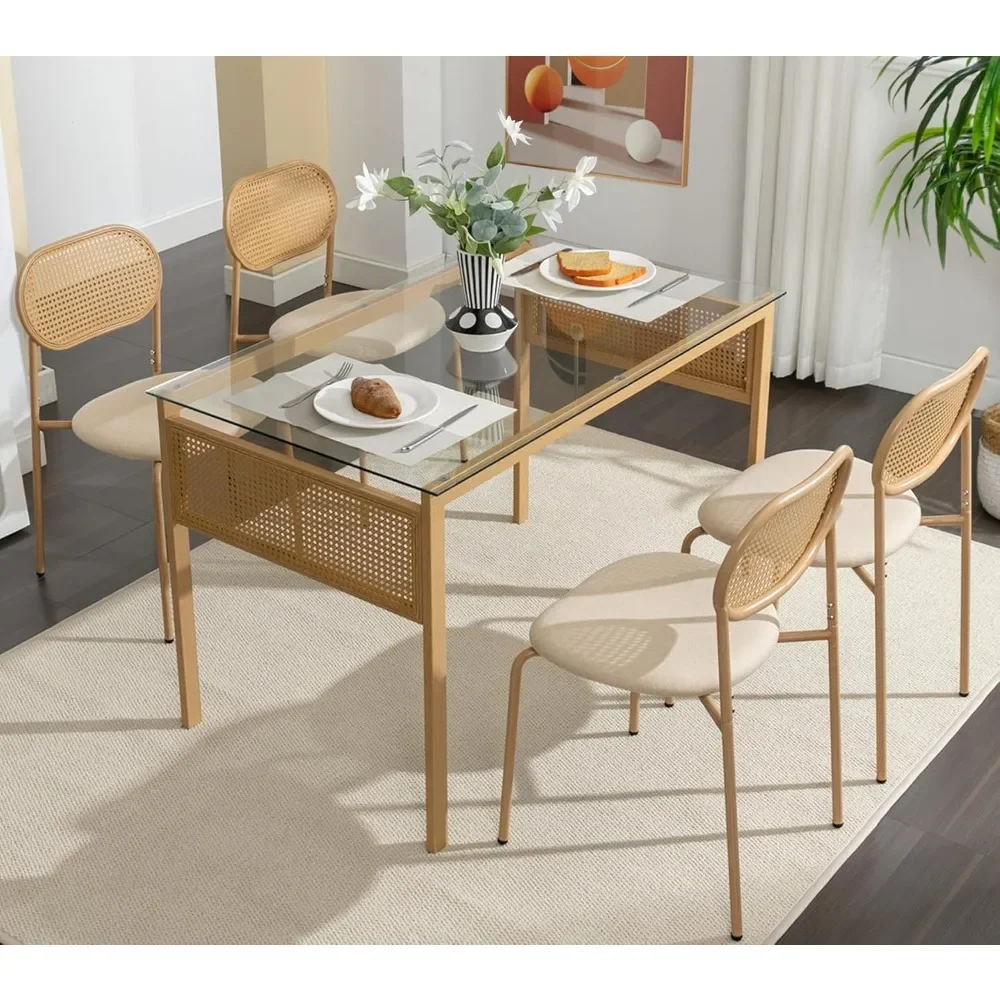 

Dining Table Set of 4, Tempered Glass Tabletop, Rattan Decor, Upholstered Chairs with Rattan Back Metal Legs, Dining Room Set