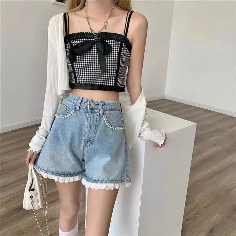 Shorts en denim pour filles, nouvelle collection d'été 2024, en dentelle cloutée et perlée, taille haute, jambes larges, culotte trapèze, tendance