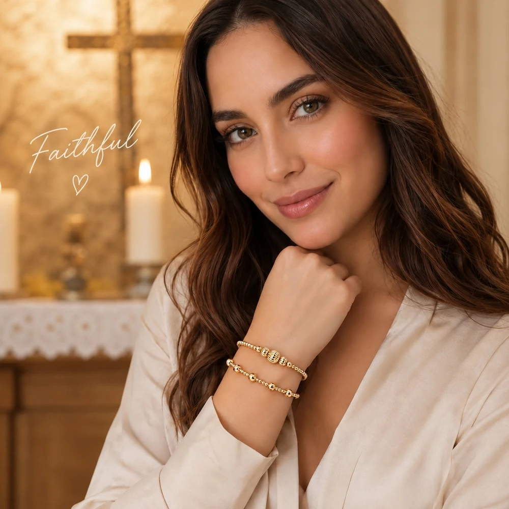 2pcs Women's Gold Color Stainless Steel Beaded Strand Bracelet with Textured Ball Center 17.5cm Trendy Style
