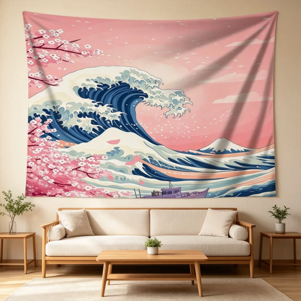 1PC Cherry Blossom Waves Print Backdrop Banner, Bedroom Photo Background, Polyester Wall Hanging, Home Decor, Wall Art