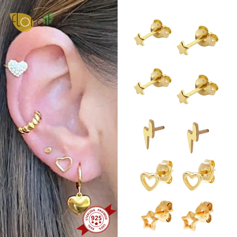 

925 Silver Ear Needle Minimalism Stud Earrings Mini Small Stars/Moon/Heart/Lightning for Women Student Gold Earrings Jewelry