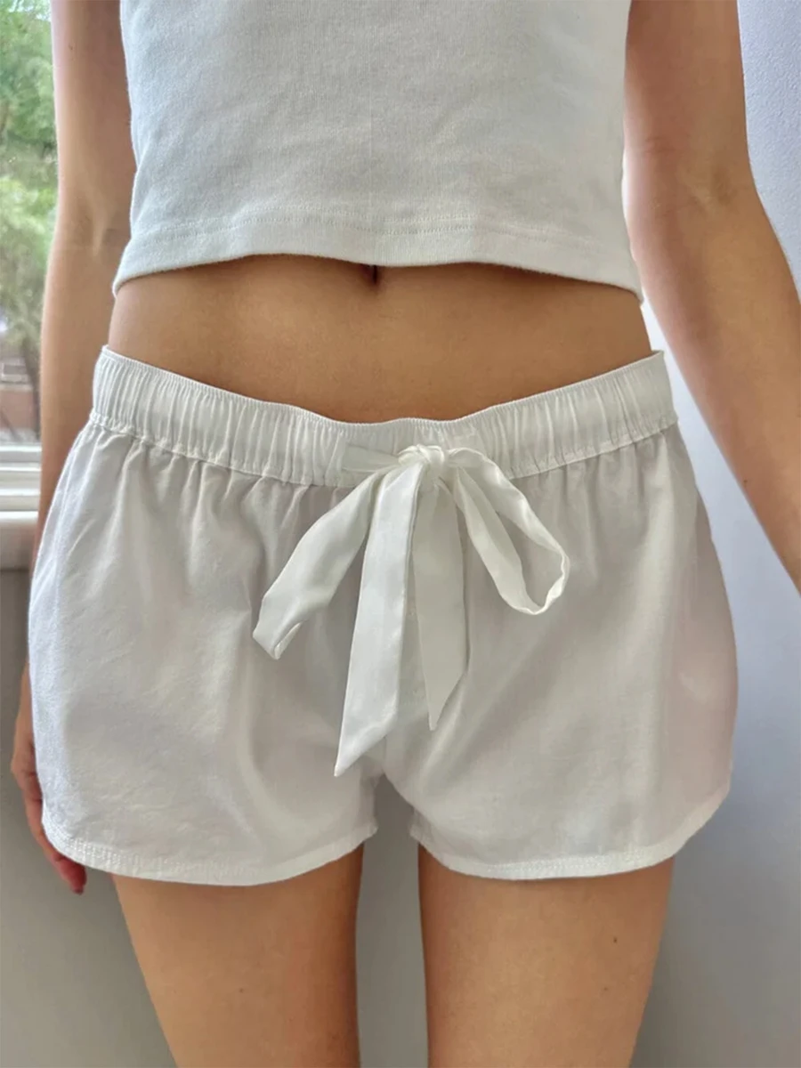 

Women Y2k Pajama Shorts Solid Color Cute Bow Tie Elastic Waist Wide Leg Lounge Comfy Shorts Micro Pjs Shorts Bottoms