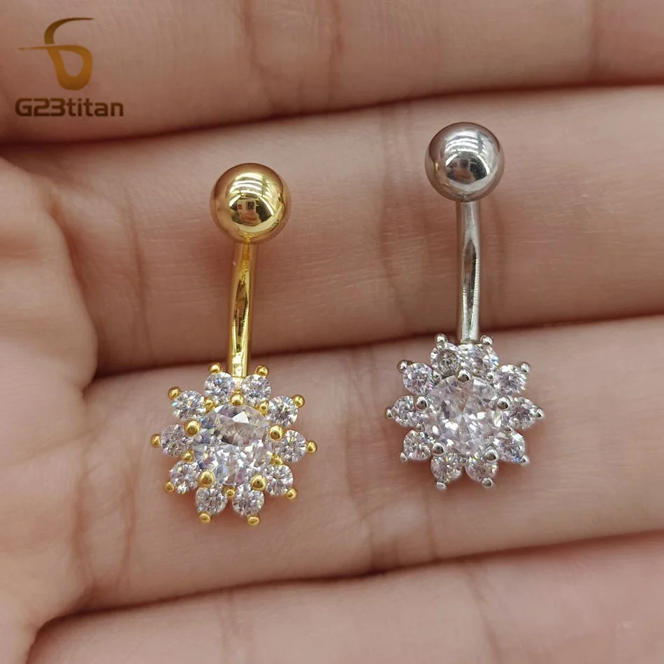 G23titan White CZ Zircon Flower Belly Button Ring Surgical Titanium Barbell 14G Body Jewelry Decoration Navel Ombligo Piercing