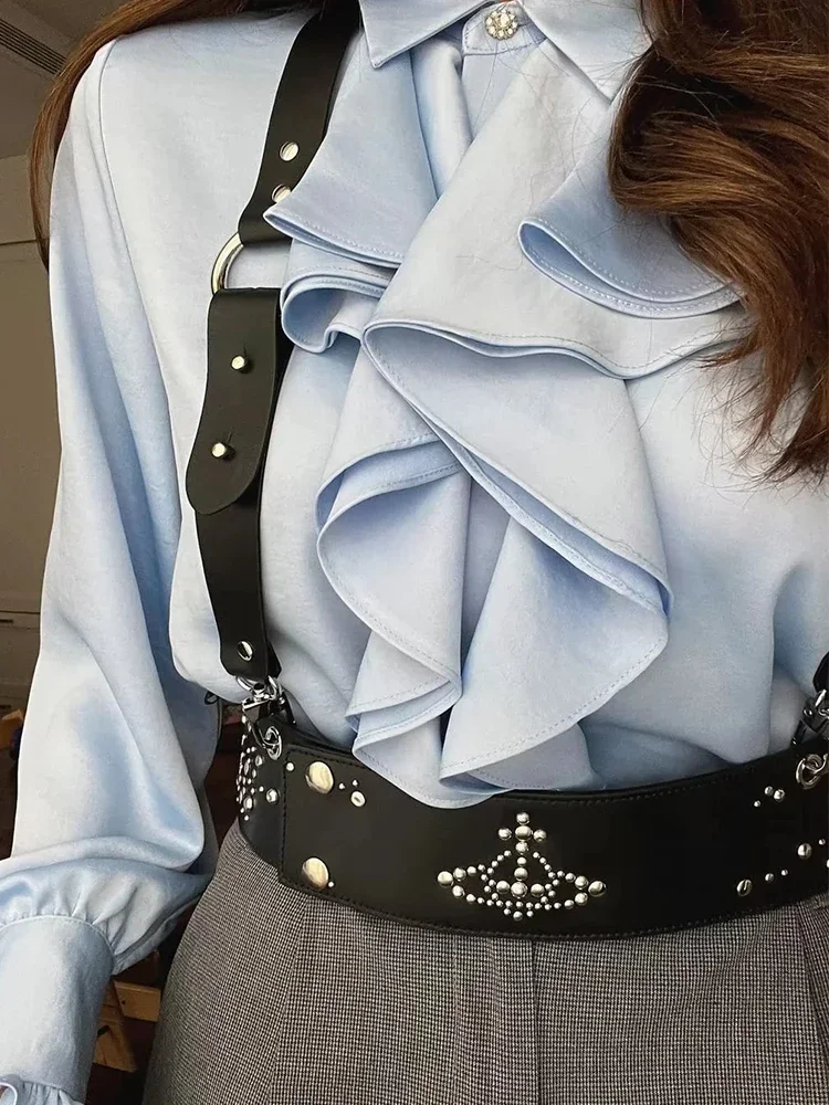 Foridol Ruffles Folds Light Blue Office Lady Satin Shirt Blouse Long Sleeve Spring Fashion Solid Button Up Blusa Autumn 2024