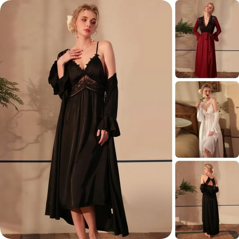 Patch Work Lace Women Sleepwear Bathrobe V Neck Home Wear Nightwear Soft Long Satin Elegant Home Clothes Long Sleeve Robe Set