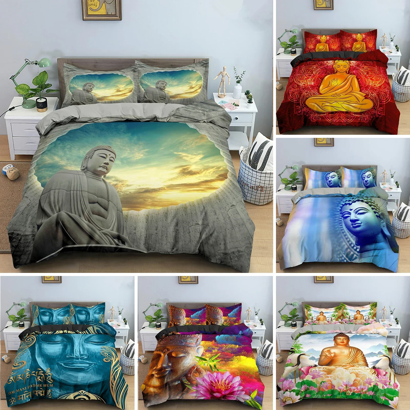 Buddha Duvet Cover Set Microfiber Buddha Statue Exotic Ethnic Bohemian Bedding Set for Buddhist Devotees Double Queen King Size