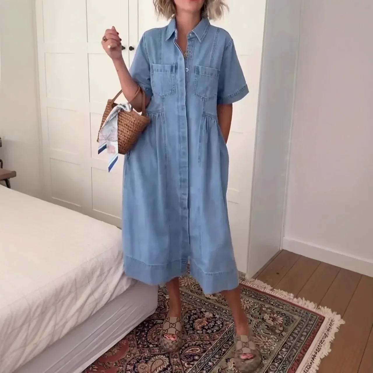 Dress Women Denim Dresses A Line Vestidos Turn Down Collar Short Sleeve Mid Length Work Loose Elegant Y2k Streetwear Summer 2026