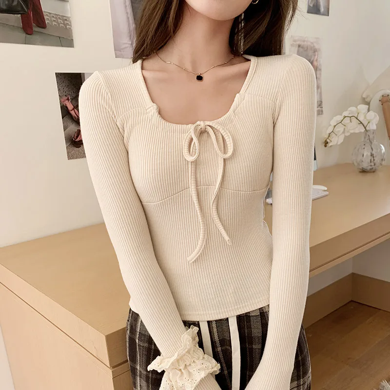 قميص قاعدة محبوك بخيط القوس للنساء في الخريف والشتاء، قميص داخلي جديد برقبة على شكل حرف U وأكمام طويلة #3