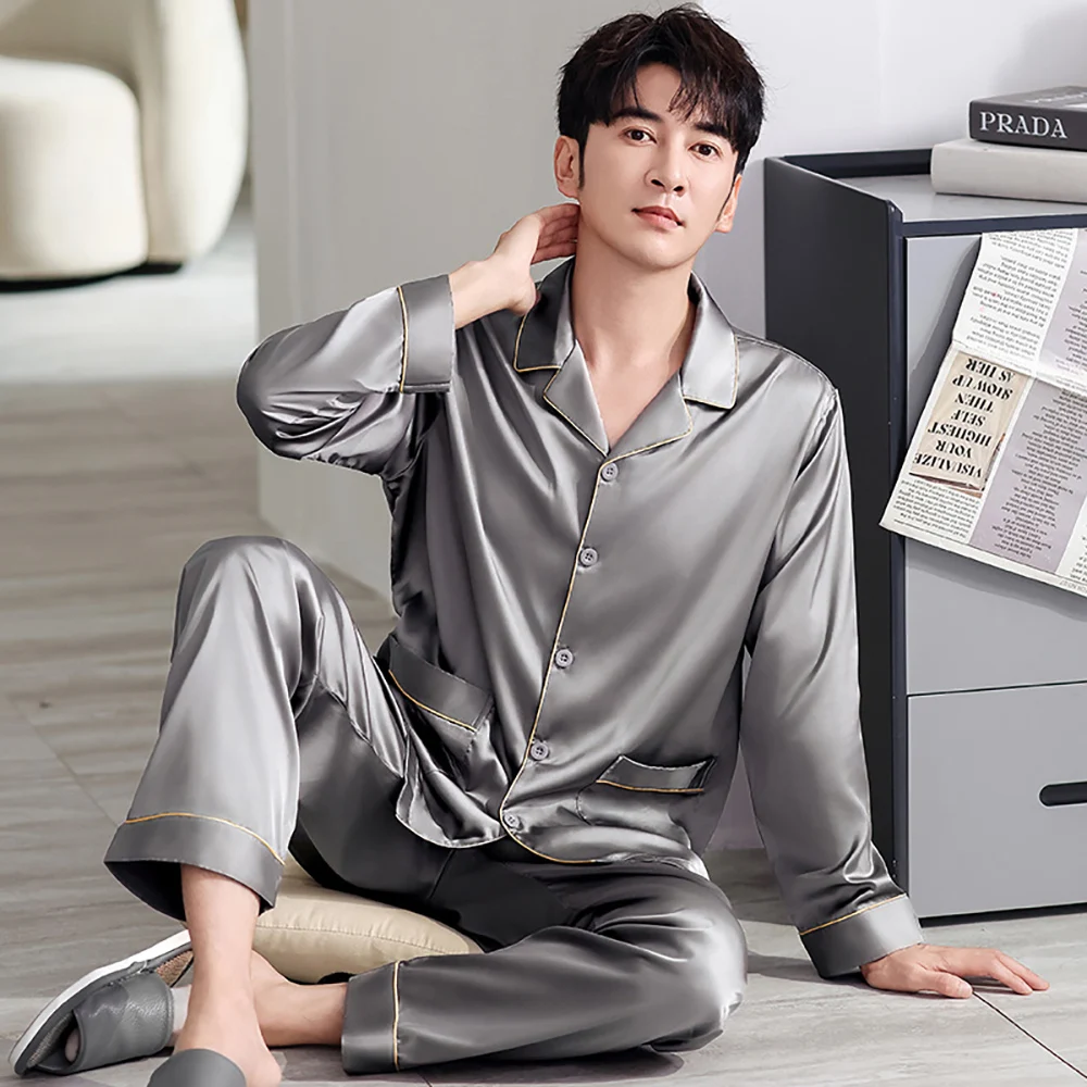 L-4XL Big Size Men's Luxury Ice Silk Pajamas Cool Breathable Satin Sleepwear Set Spring Autumn Soft Comfort Solid Pyjamas Homme