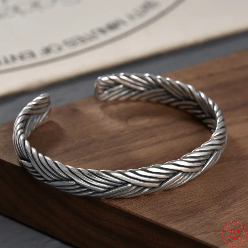 

S925 Sterling Silver Bracelets for Women Men 2023 New Women's Fashion Weaven Pattern Twist Bangle Pure Argentum Punk Jewelry