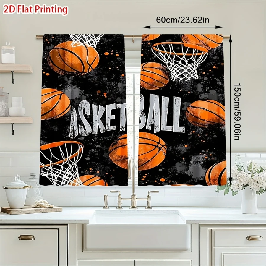 2PCS Digital Printed Curtains, Fire Flame Basketball Dynamic Athletic Sport, Home Decor Style for Living Room Bedroom Decor