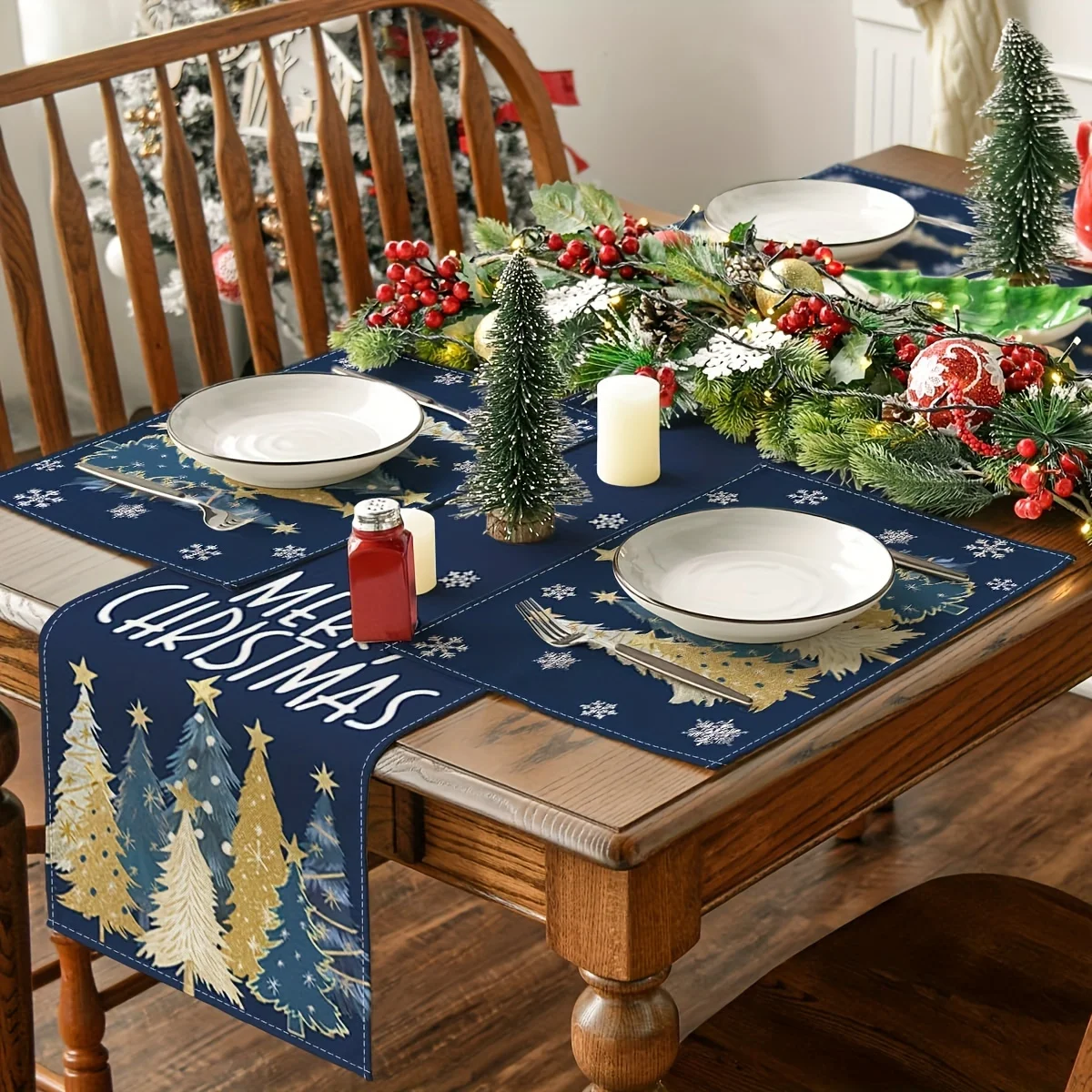 VIKAMA 4-Piece Christmas Deep Blue Gold Snow Placemats Winter Solstice Gathering Christmas Party Family Table Decor Accessories