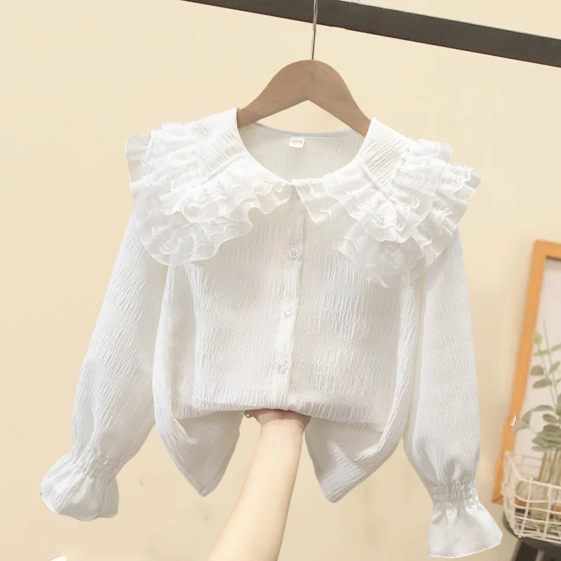 Children's Shirt White Long-sleeved Spring and Autumn School Uniforms Performance Clothes Lace Girls Student Clothes 2025 New