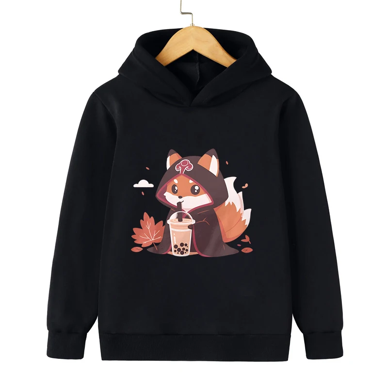 3-12 Years Old Children\'s Fox Bobo Tea Hoodie Kids Cartoon Style Clothing Long Sleeve Lovely Animal Milk Boy Girl Sweatshirt