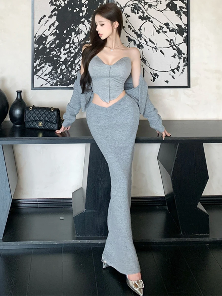 Low Cut Thickened Irregular Knitted Tube Top Vest Slimming Wrap Body Long Skirt Set Sexy Style Casual Wear for Young Women
