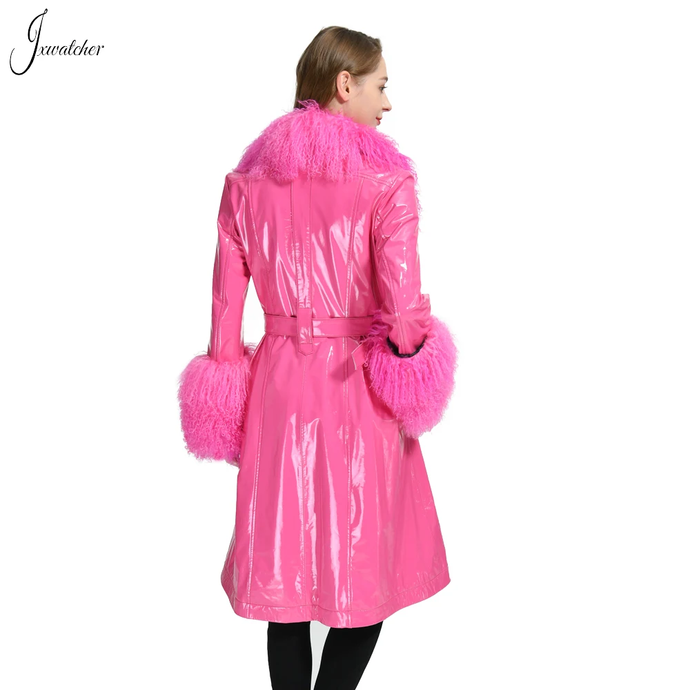 Jxwatcher Women's Genuine Leather Trench Coat With Natural Mongolian Sheep Fur Winter Sheepskin Long Coats Removable Fur Collar