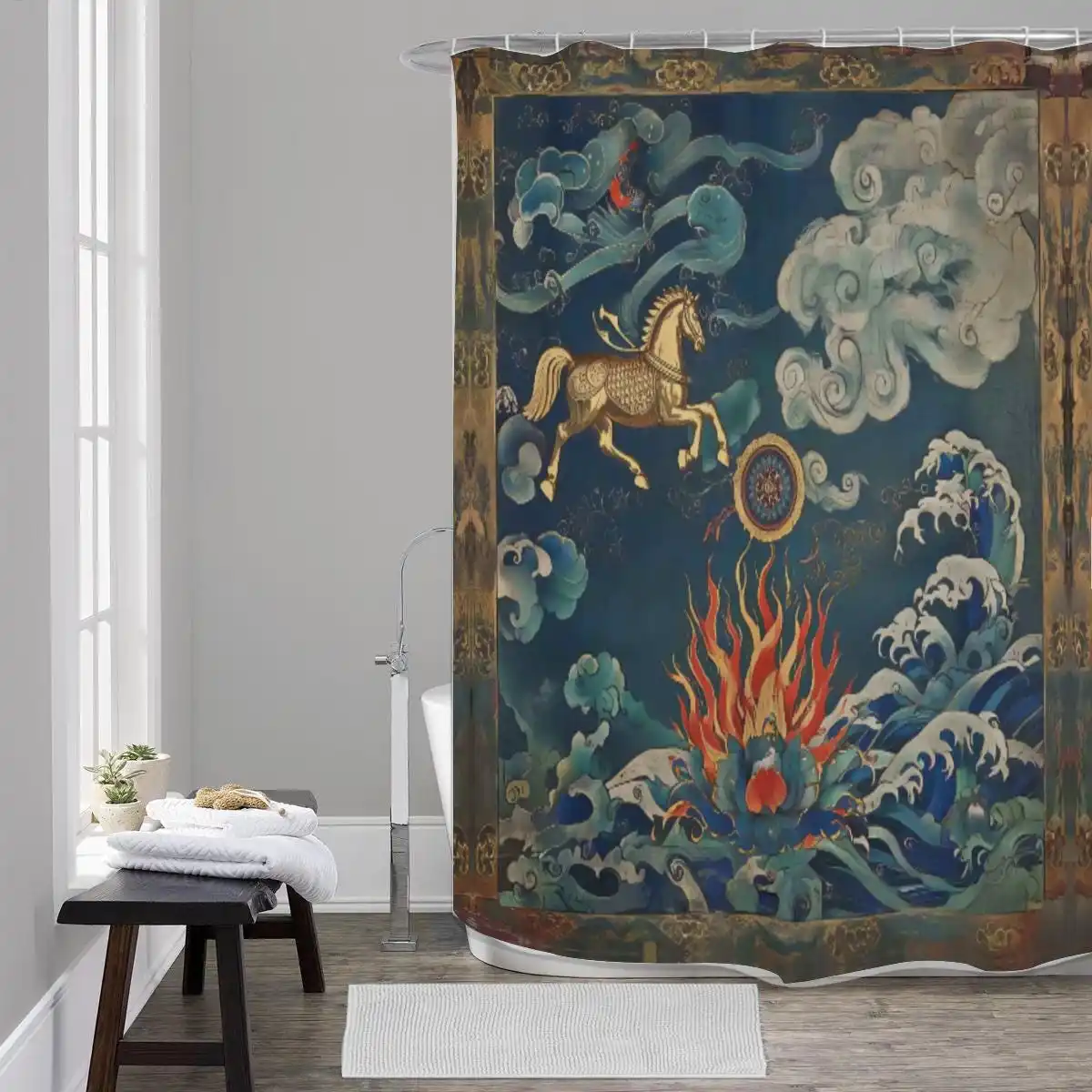 Vibrant Oriental Dragon and Phoenix Shower Curtain Luxury Bathroom Decor Tapestry Style Curtain