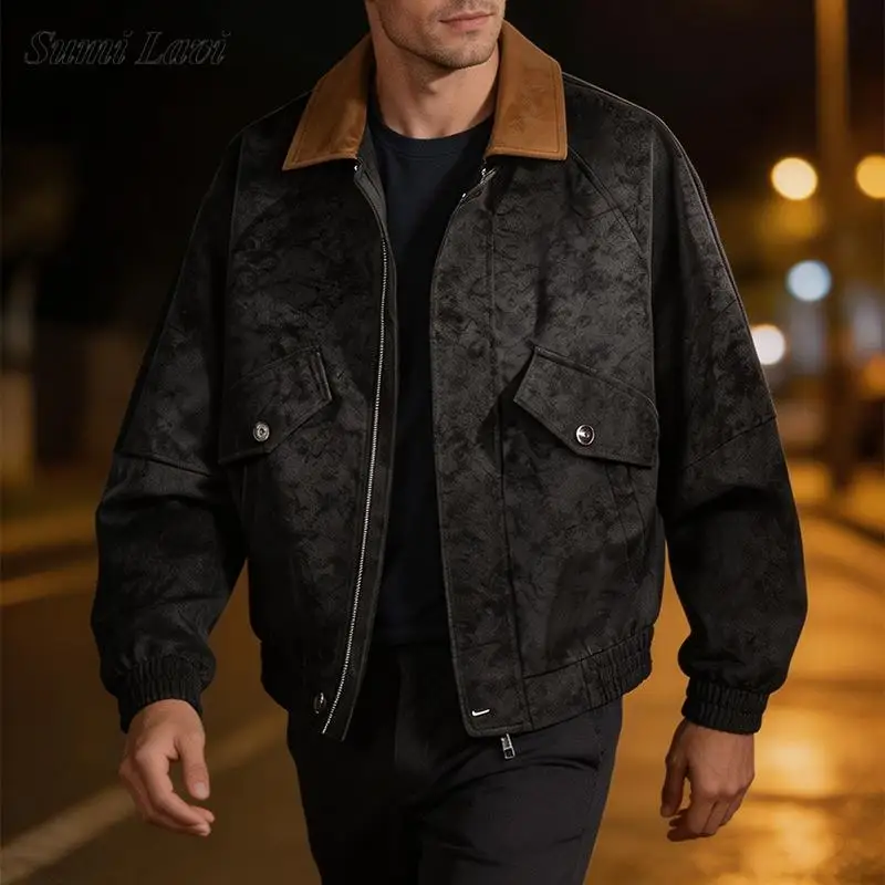 Leisure Zip-up Contrast Color Jackets Men Retro Suede Coat Fall Winter Patchwork Lapel Loose Pockets Cargo Jacket Mens Cardigan