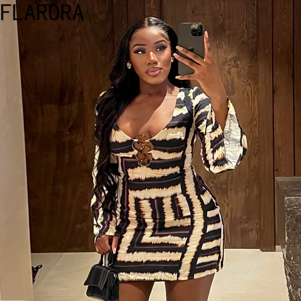 

FLARORA Fashion Striped Printing Bodycon Mini Dress Woman Long Sleeve V Neck Metal Splice Dresses Trend Street Female Vestidos