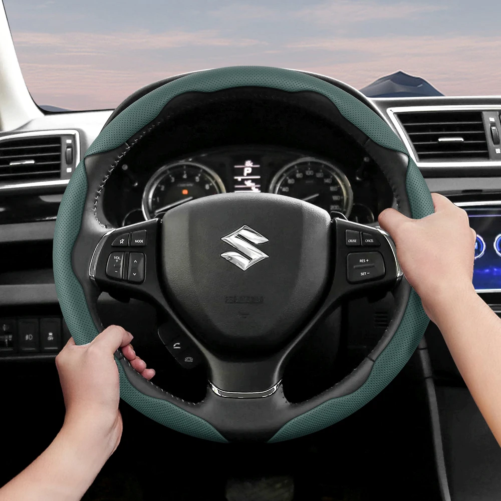 Adecuado para Suzuki Funda de volante de cuero con orificio transpirable Diseño de liberación rápida segmentado Antideslizante y duradero Swift 2011 Sx4 Grand Vitara Jimny Solio S-Cross Alto Liana Baleno 2013 Zc32S Sport Ly Accesorios Ciaz
