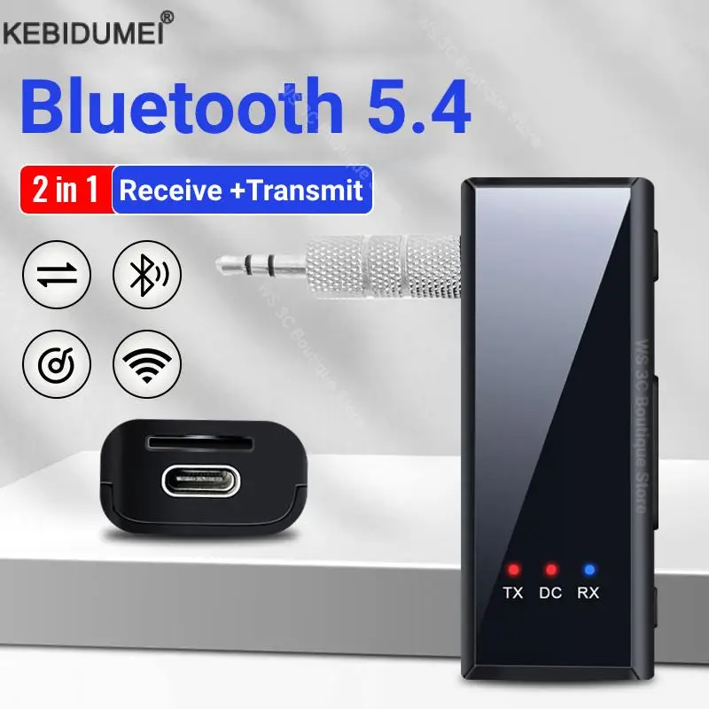 ワイヤレスオーディオレシーバー/トランスミッター,2 in 1, Bluetooth 5.4, 3.5mm補助ジャック,飛行機アダプター,テレビ用TFカードサポート,カーキット,スピーカー