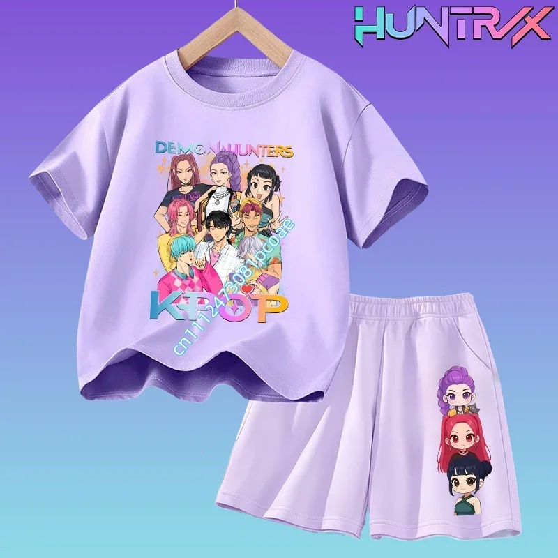 

Новый комплект для девочек 2026: хлопковая футболка с коротким рукавом и шорты в стиле K-pop Demon Hunters для детей — повседневная рубашка с мультяшным принтом для лета