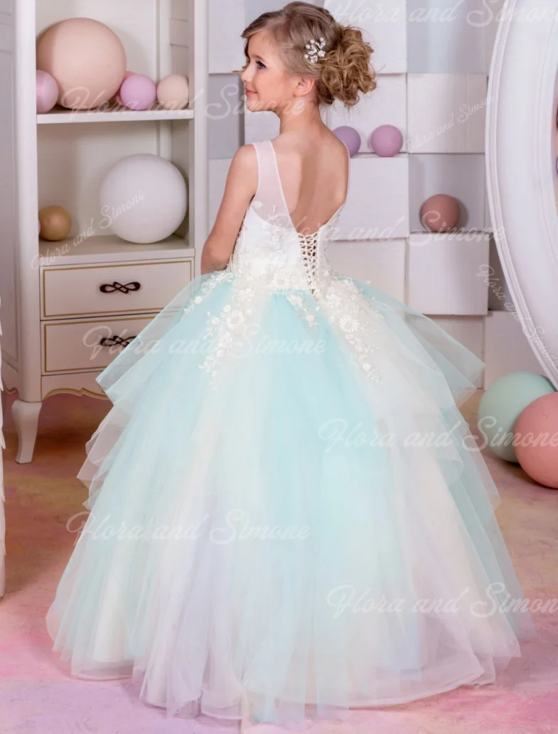 カスタマイズされた結婚式の誕生日白青チュールフラワーガールドレスフローリーパターン用ノースリーブパーティー初聖体ドレス用