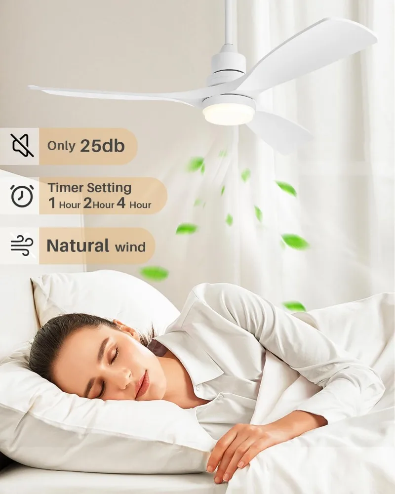 Ventilatori da soffitto da 52 pollici con luci remote, ventilatori da soffitto bianchi 3 temperature di colore, timer, elencati ETL, 3 aste interrate, 3 pale, 6 velocità