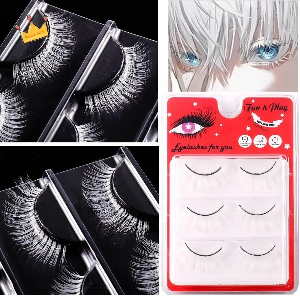 3 Pairs Dramatic White False Eyelashes Natural Manga Fluffy Faux Mink Eyelashes long Thick Cosplay Eyelashes Makeup Tool