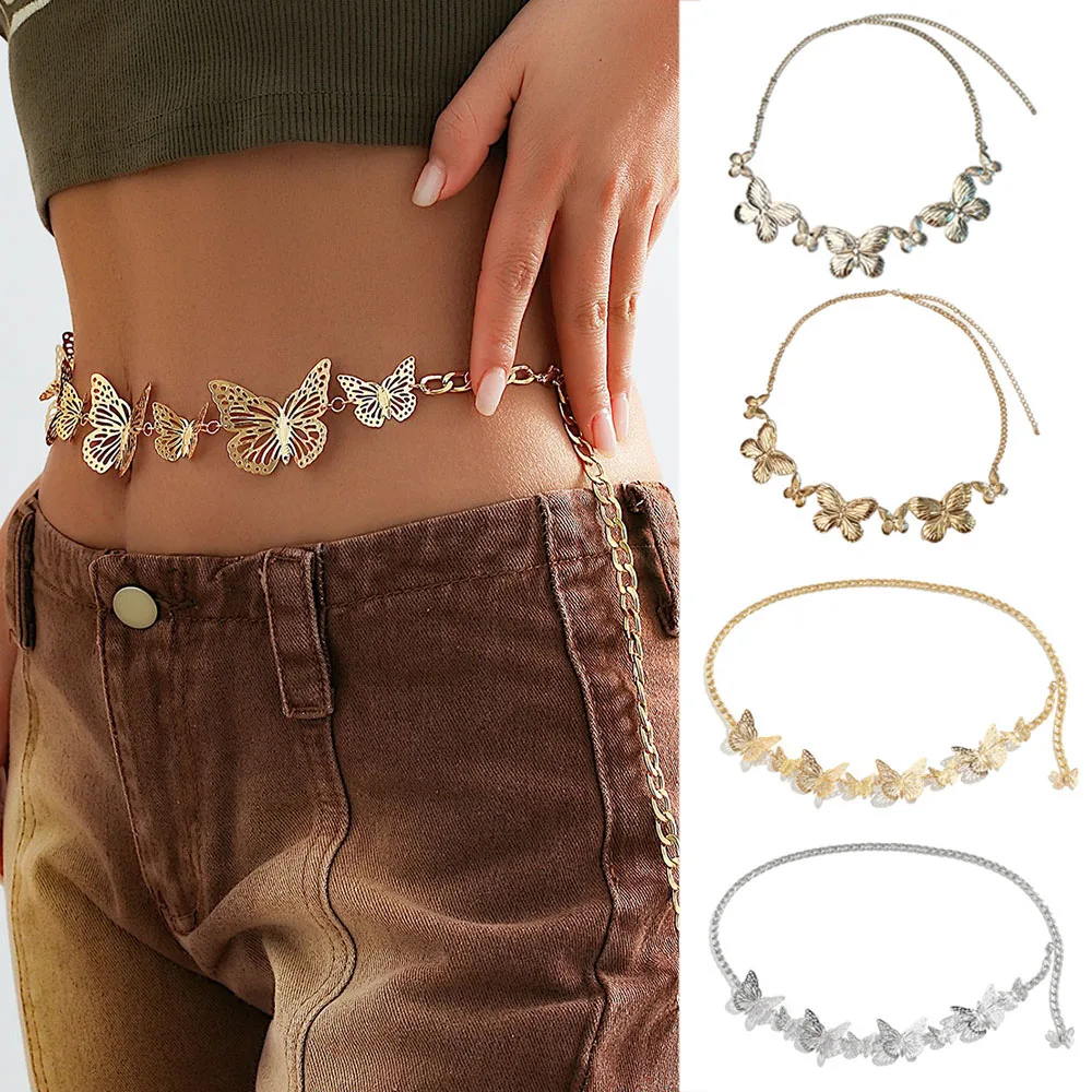 

Metal Butterfly Waist Chain Belt Vintage Belt Women Pin Buckle Geometric Ring Waistband Punk Hip-Hop Hollow Body Chain Accessory