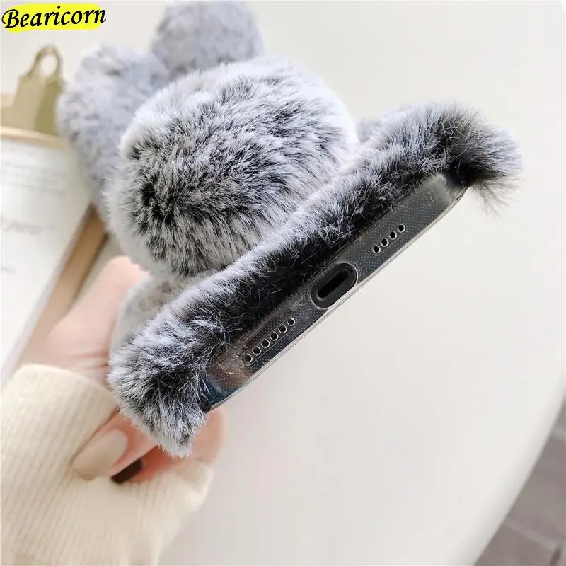 Мягкий плюшевый чехол для iPhone 13 14 15 11 12 Pro XR X Xs Max 7 8 6 6s Plus 5 5S SE mini 3D Furry Rabbit Bunny Warm Fur Hair Cover