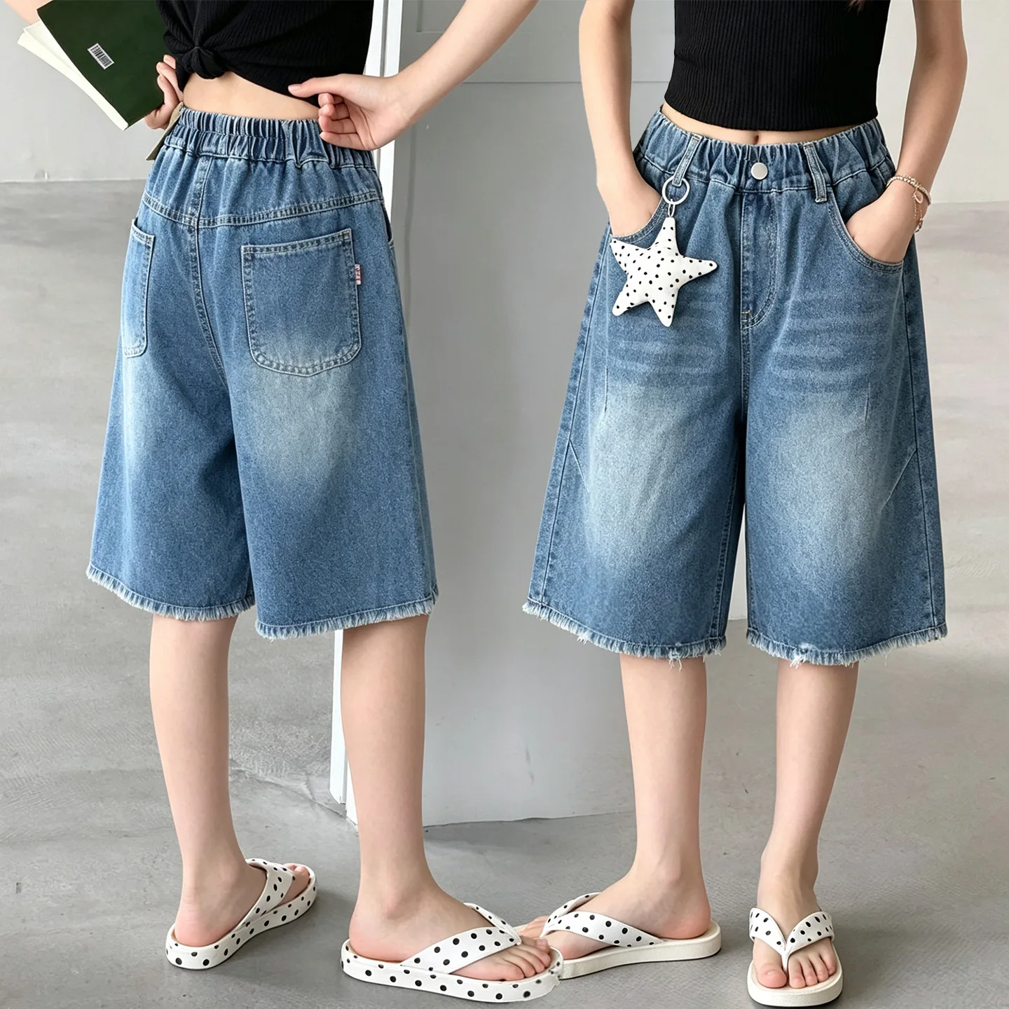 Girls Summer Fashion Denim Shorts with Star Pendant Kids Casual Knee Length Denim Pants for Teenage Girls Hot Deals Short Jeans