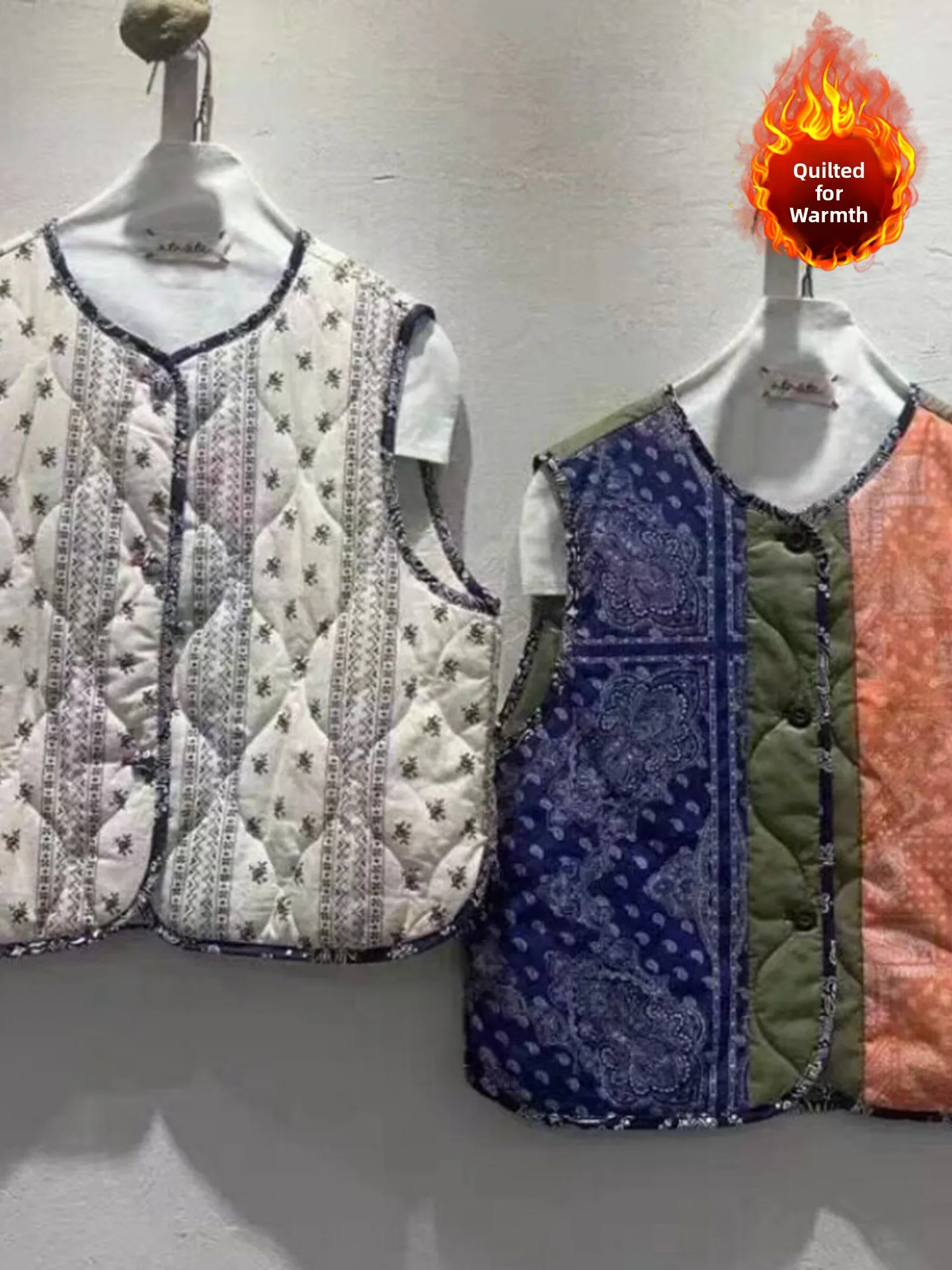 Autumn Winter Floral Print Contrast Color Cotton Vest Large Size Women's Retro round Neck Single Button Jacket Top