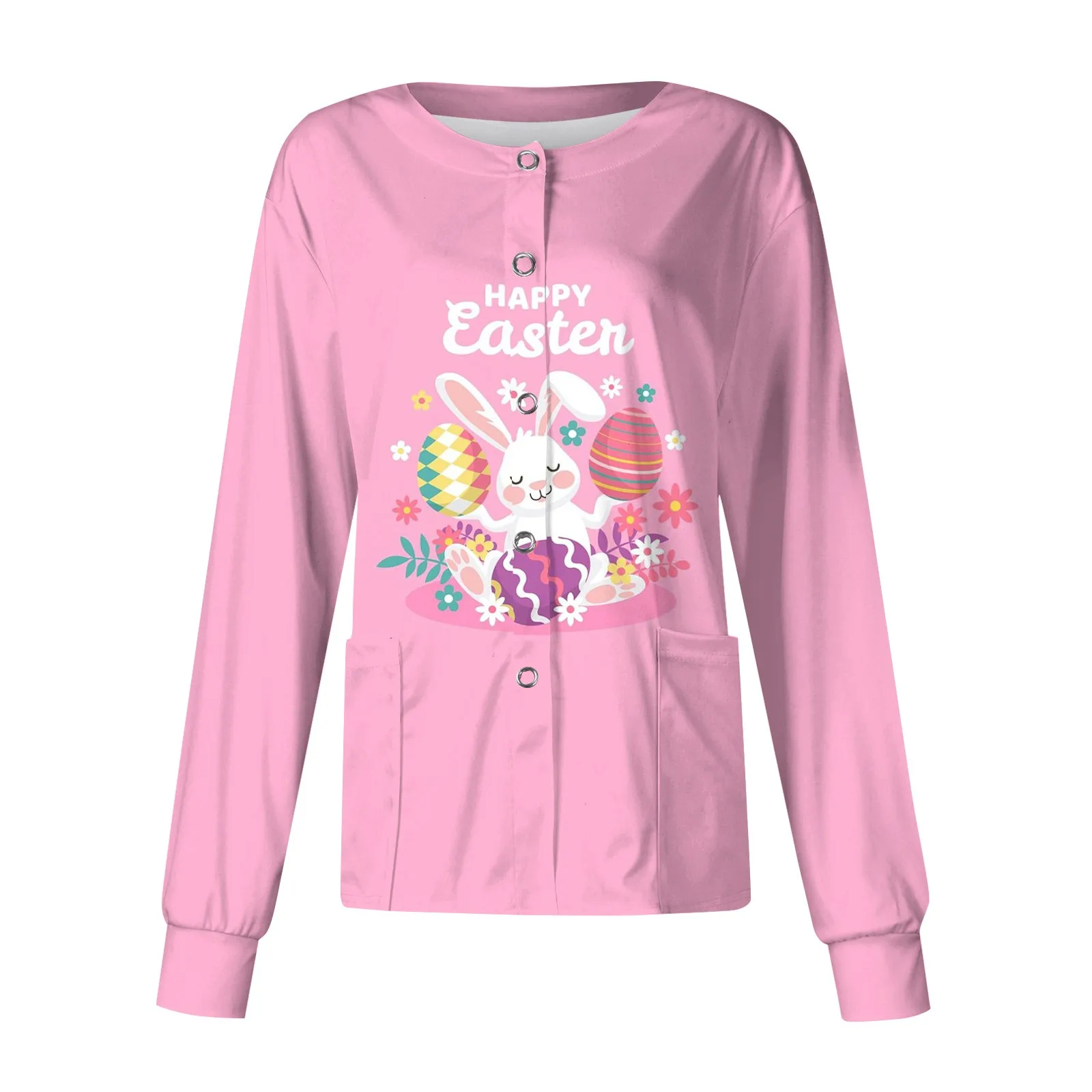 Women'S Nurse Uniforms Jackets Tops Casual Round Neck Long Sleeve Single Breasted Workwear With Pockets Cartoon Easter Printed