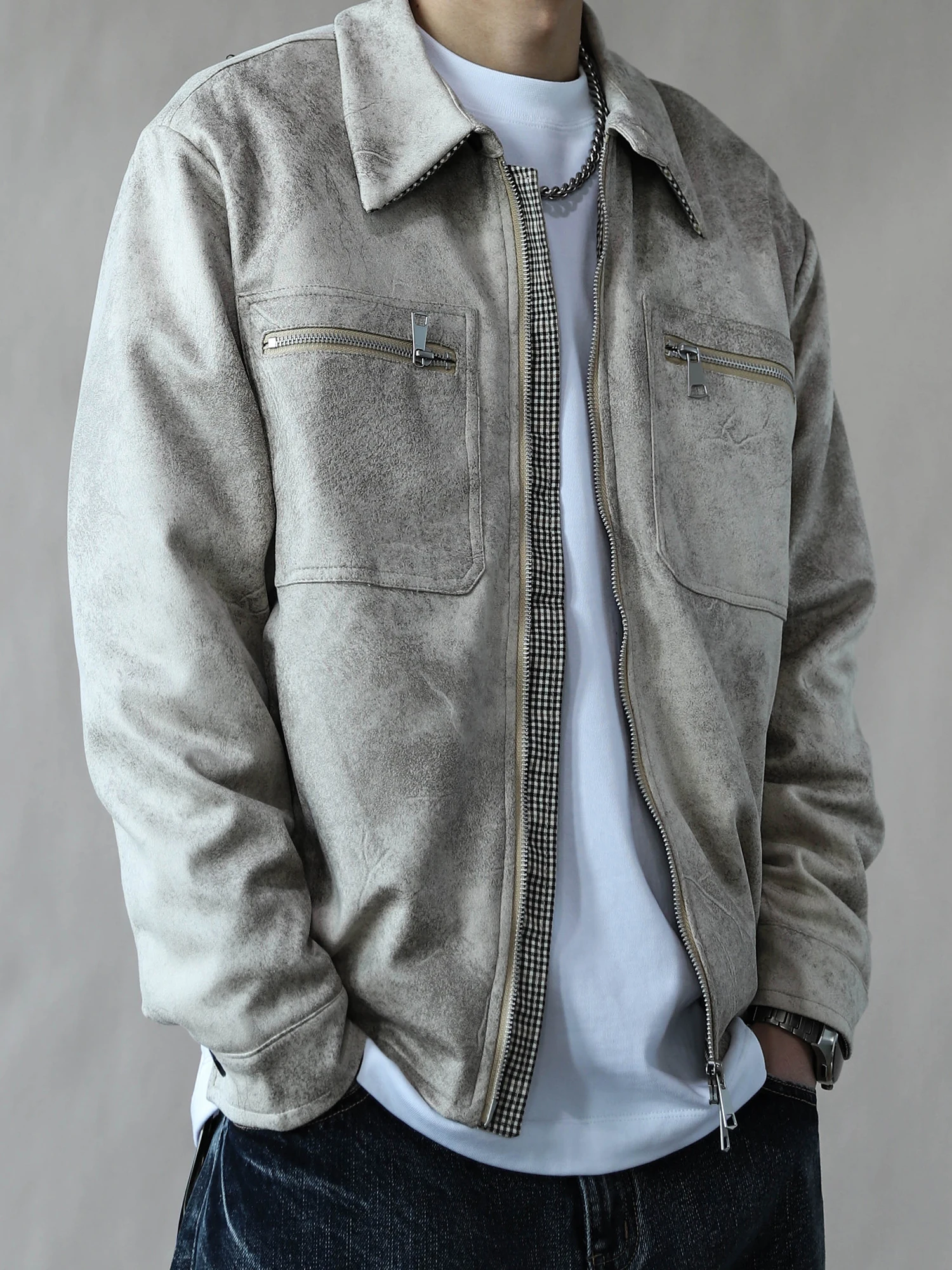 

Retro American Sle Men's Jaet Double Zipper Weathered Outerwear ort Sve Long Sve Vintage Feel Spring Autumn