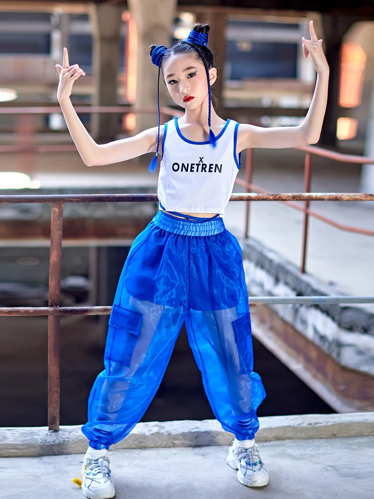 

2022 Children Jazz Dance Clothes Girls Vest Blue Mesh Pants Hip Hop Costume Summer Streetwear Concert Performance Outfit BL8176