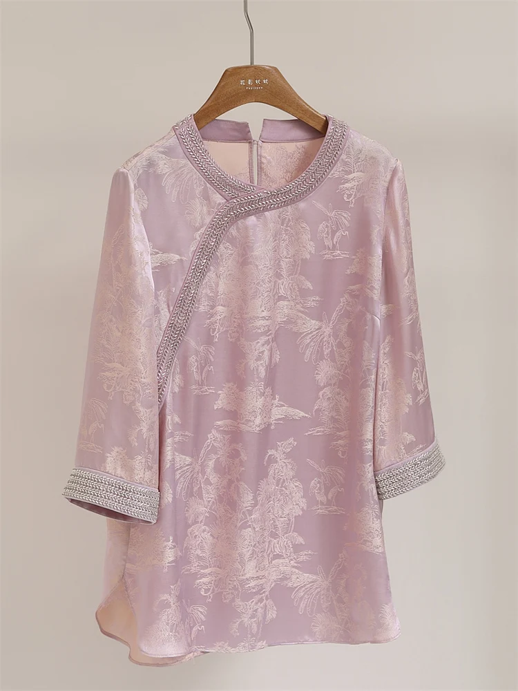 

Ele Silk irt Women's Embroidered Heavy Work Floral Pattern f Sve Vintage Sle White Young Looking Top Y50580