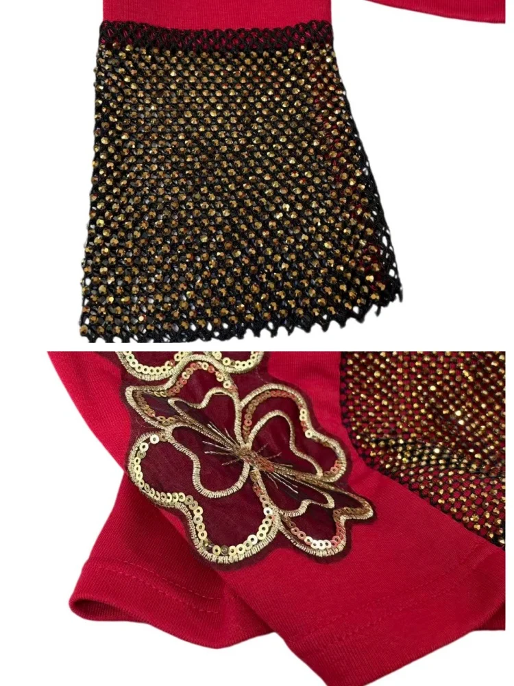 Top de mujer de cuello medio alto con malla de diamantes de alta gama, elegante camiseta de manga larga con lentejuelas doradas bordadas y ajuste ceñido de algodón