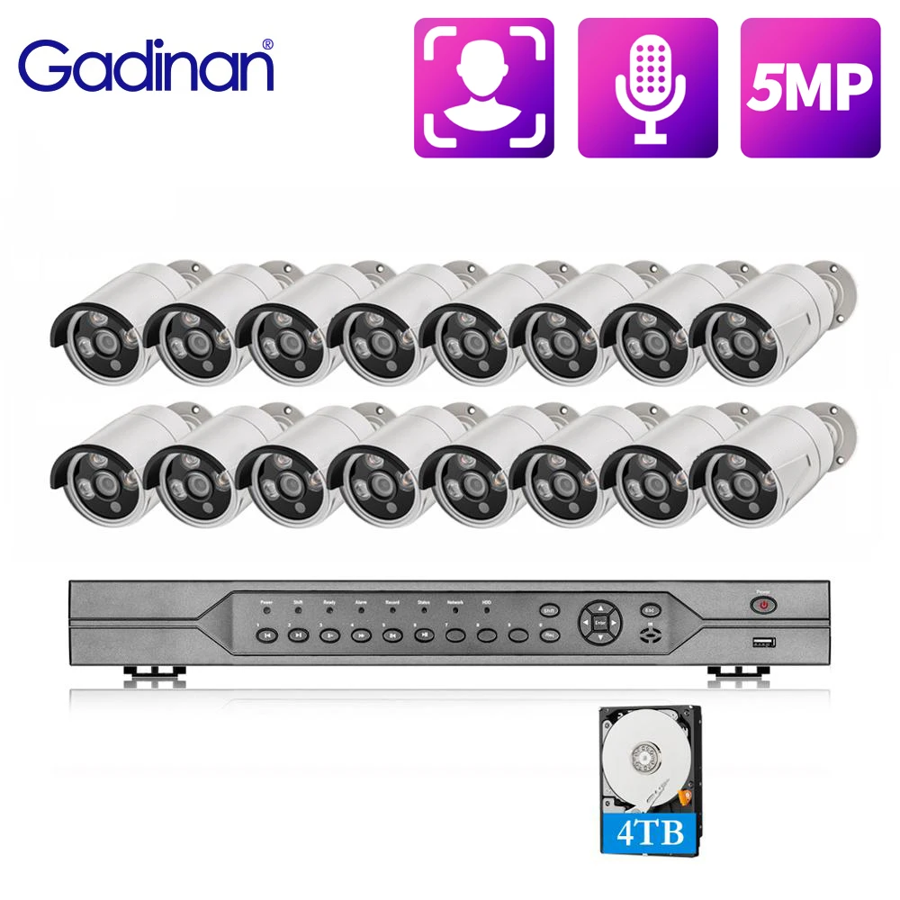 Gadinan H.265+ 16CH 5MP POE NVR Kit Face Detect Audio Metal CCTV System Motion Detection IP Cameras Outdoor P2P Video System