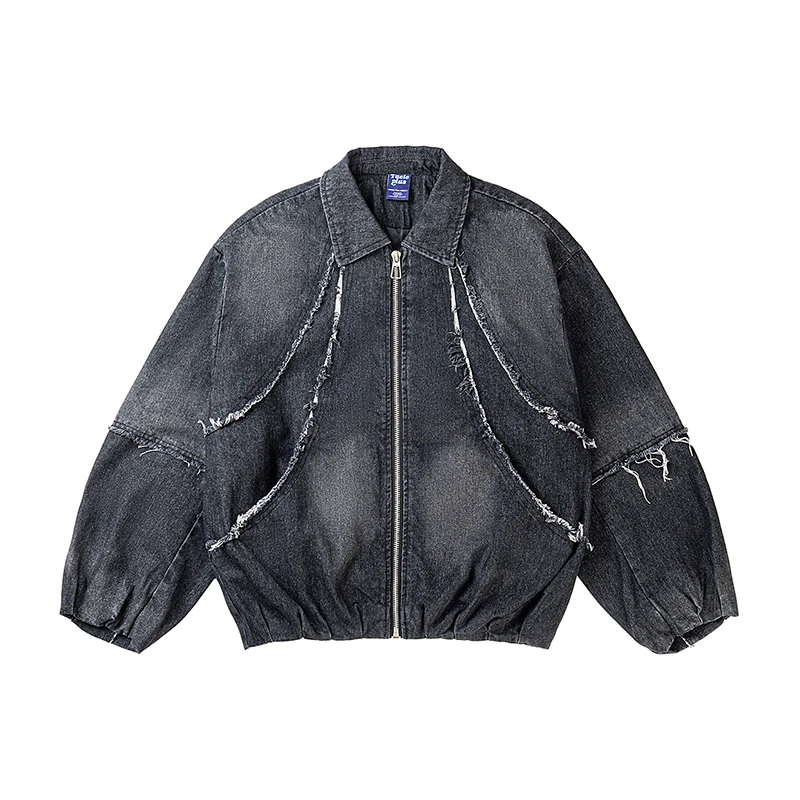 Men Deconstructed Frayed Raw Seam Denim Jacket Washed Black Zip‑Up Cropped Loose Drop‑Shoulder Streetwear Outerwear Coat