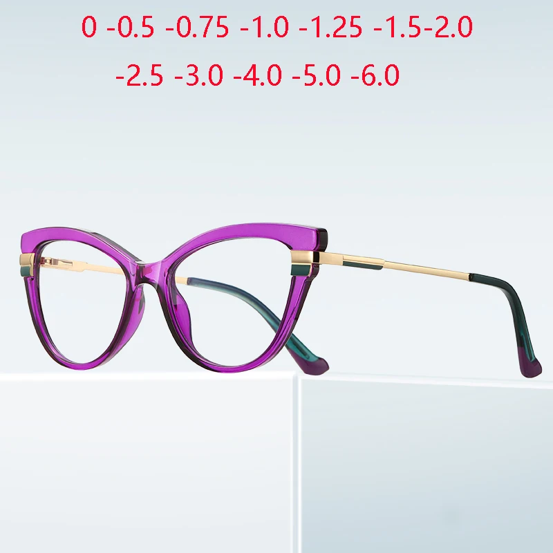 Purple Frame Cat Eye Minus Sight Nearsighted Glasses For Women Spring Hinge Student Short-sight Eyewear 0 -0.5 -0.75 To -6.0