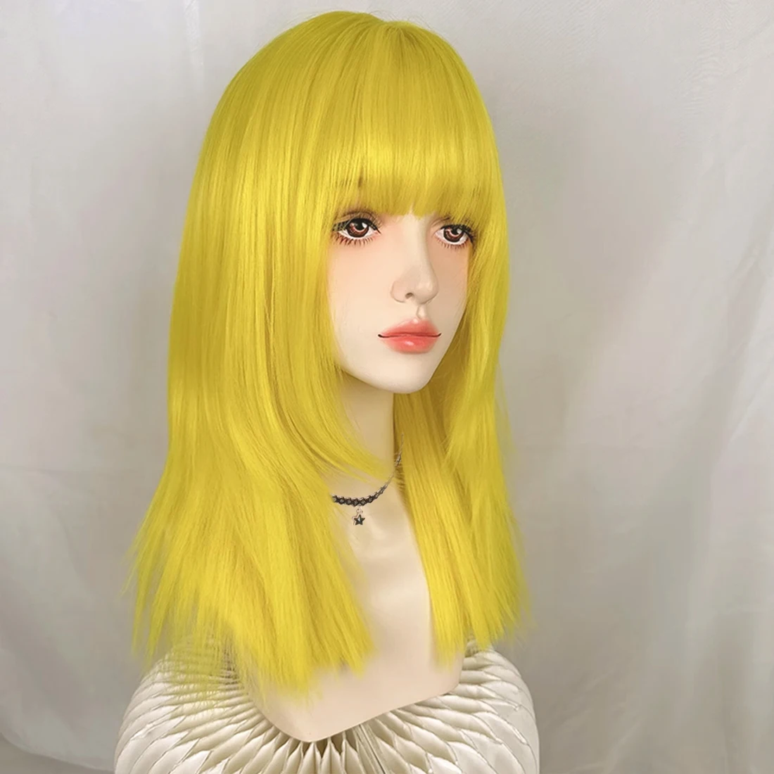 Synthetic Long Straight Yellow Wig with Bangs For Women Daily Cosplay Lolita Party Fluffy Heat Resistant Fake Hair