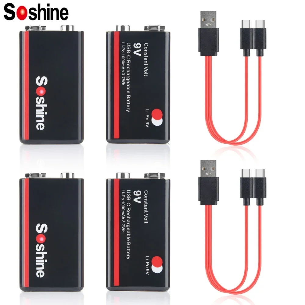 Soshine 9V 1000mAh USB Lithium-ion Batteries 9V 6F22 Li-po Battery Constant Voltage 9V Output USB Li-ion Rechargeable Batteries