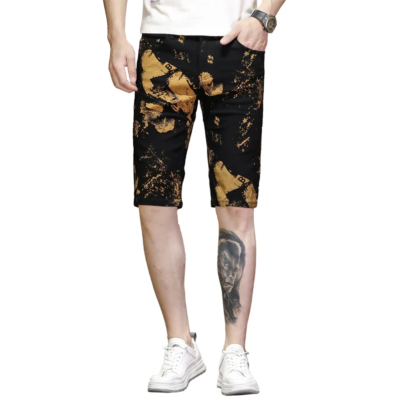 Summer Thin Black Denim Shorts Printed Personality Fashion Brand Five-Point Casual Pants Korean Stretch Beach Pants