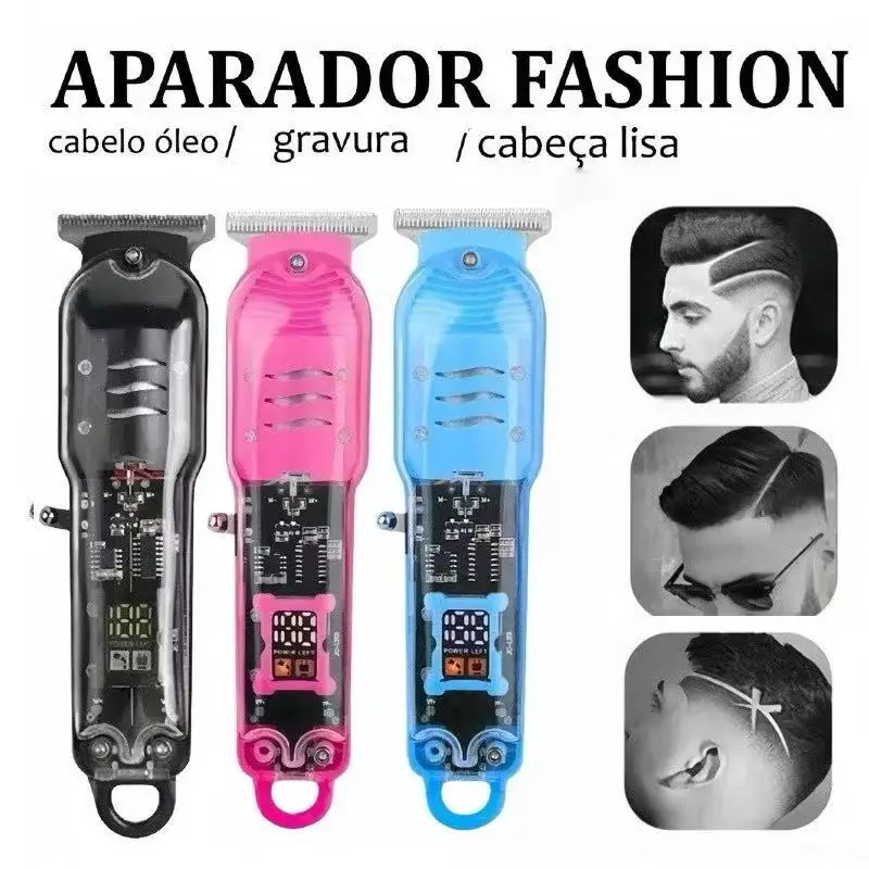 Barbeador Elétrico e Máquina de Cortar Cabelo 2 em 1 Profissional Sem Fio com Corpo Transparente e Visor LCD Recarregável