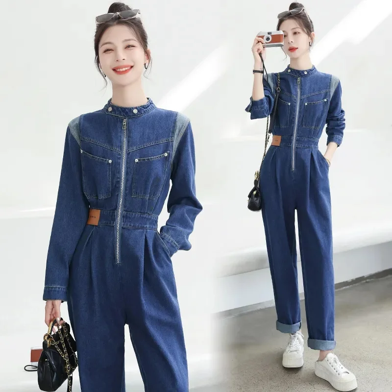 

2023 Spring and Autumn new Female Casual Loose Waist Slimming Tooling Long Sleeve Denim Jumpsuit Long Pants Jumpsuit Solid Color