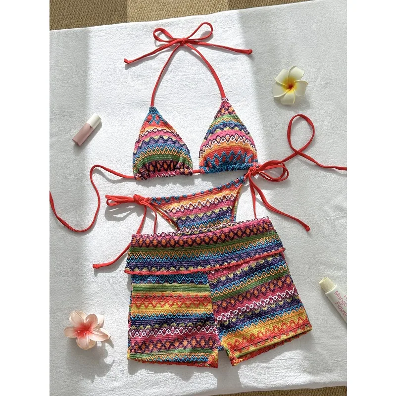 Sexy Striped Knitted Bikini Set Women Style Boxer Shorts Mesh Three-piece Women Swimsuit Neck Lace-up Bikini Купальник Женский