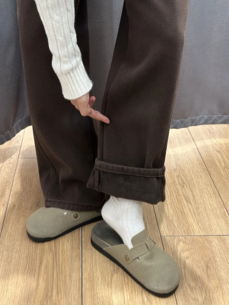 

Большие размеры с высокой талией Thiened Fce American Sle Knife Джинсы женские осенне-зимние прямые широкие брюки