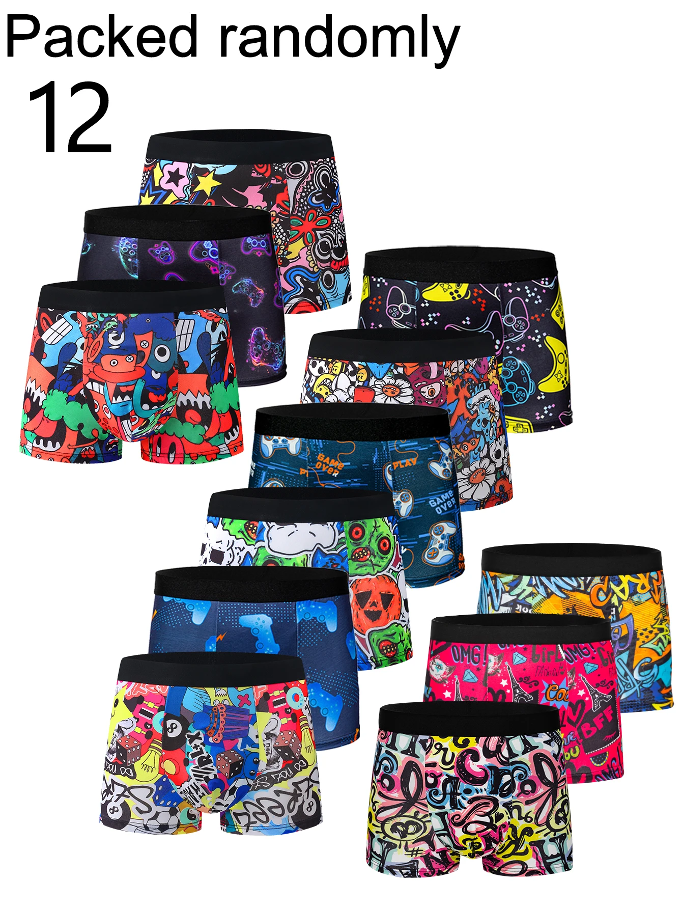 12-Pack Men's Boxer Briefs Assorted Cool Cartoon Monster Graffiti Print High Elasticity Trendy Youth Boys Briefs Multiple Patter